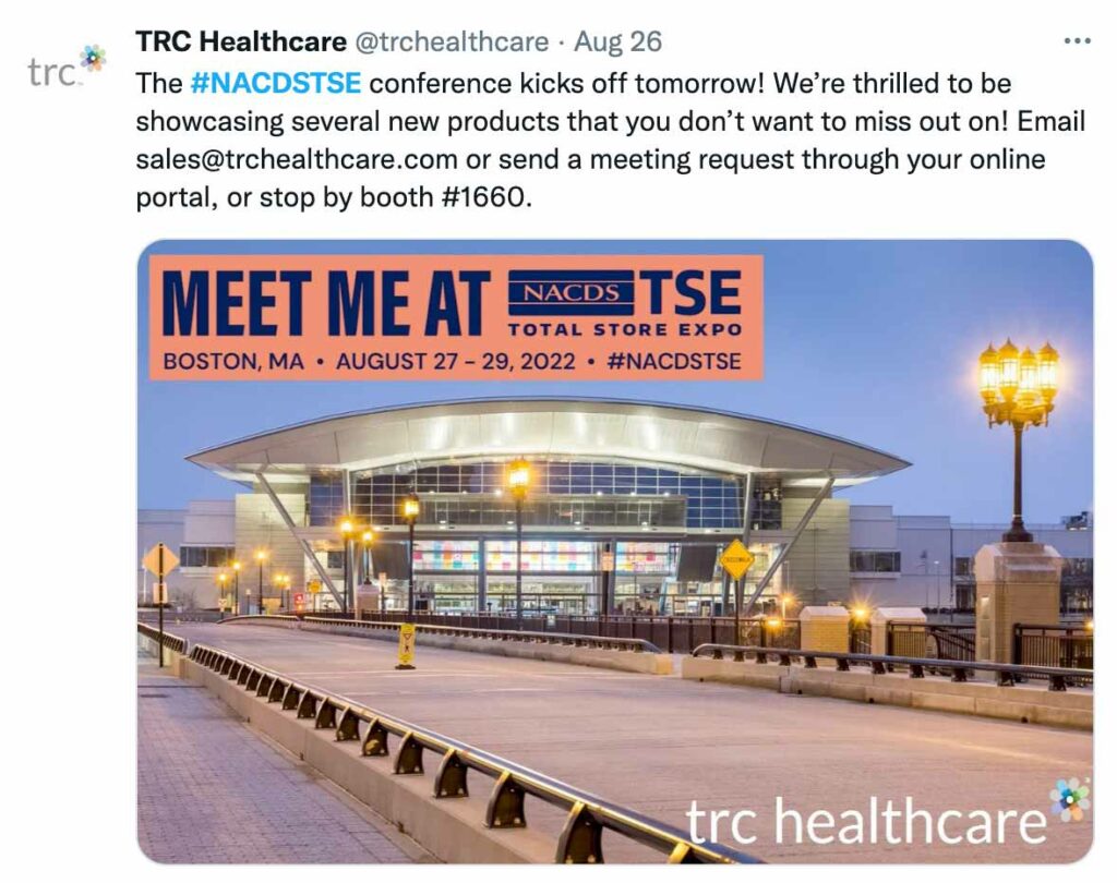An example tweet asking users to schedule a meeting with them at NACDS TSE using the meeting portal