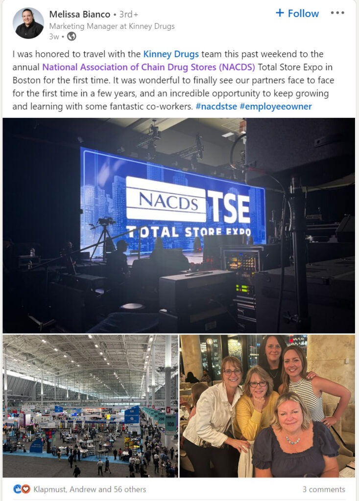 An example LinkedIn post showing photos from a previous year's NACDS TSE and text explaining why they were glad to attend
