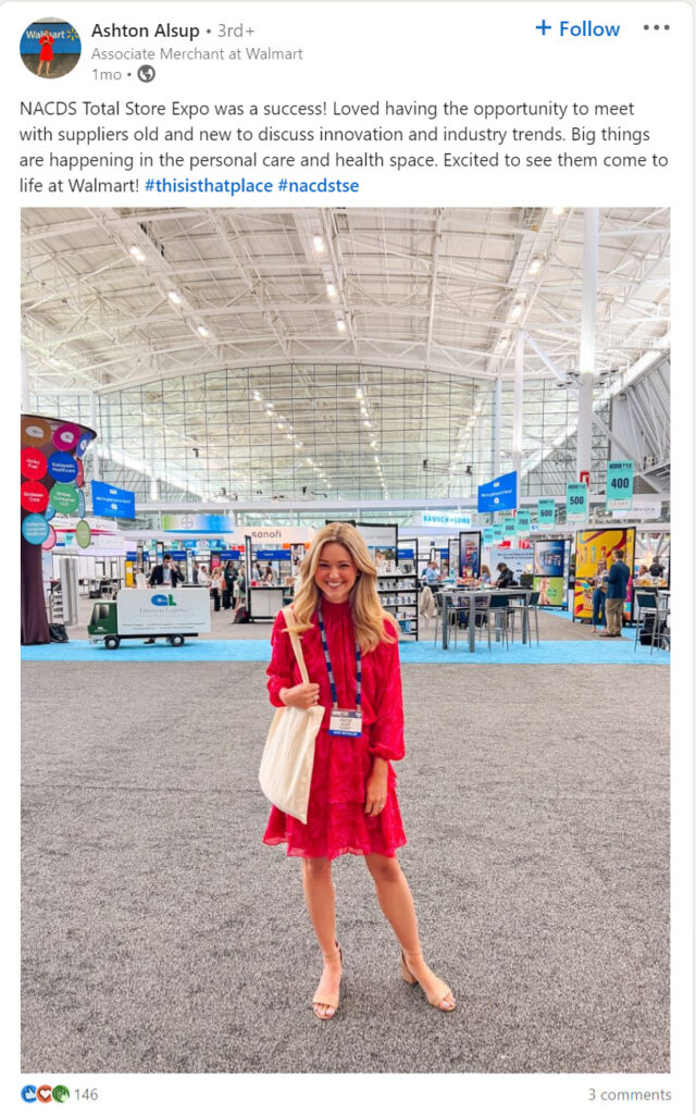 An example LinkedIn post showing a event attendee smiling in the expo hall